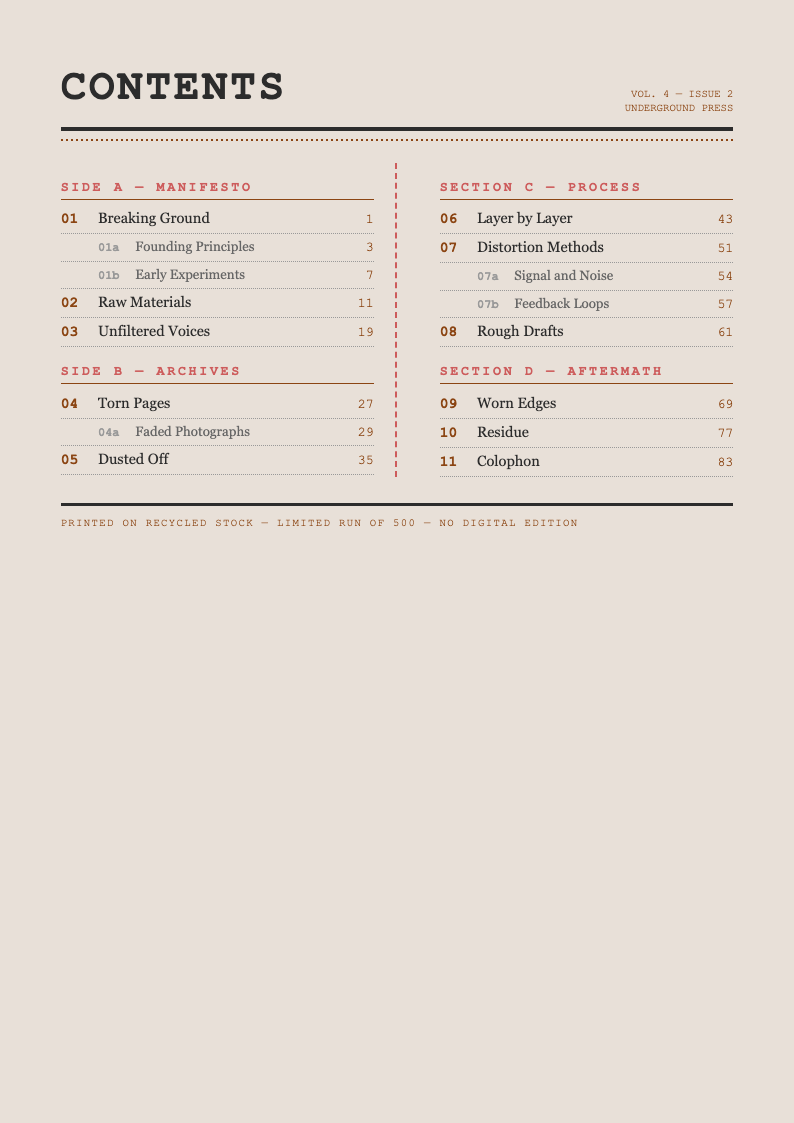 Retro grunge book table of contents